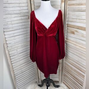 Fashion Nova Burgundy Velvet Wrap Bodice Draped Long Sleeve Dress Size Large